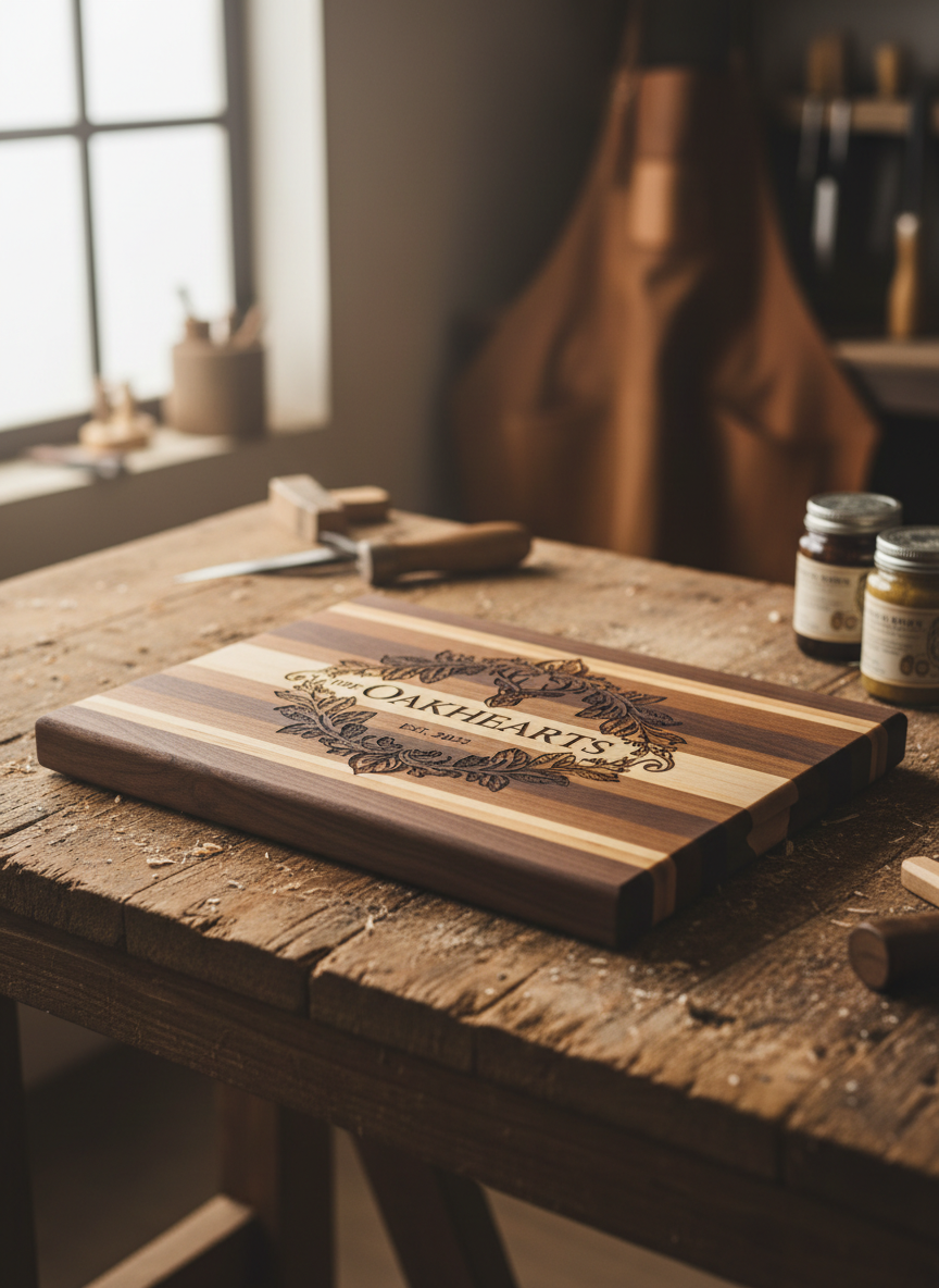 Custom laser-engraved walnut and maple cutting board on a rustic table